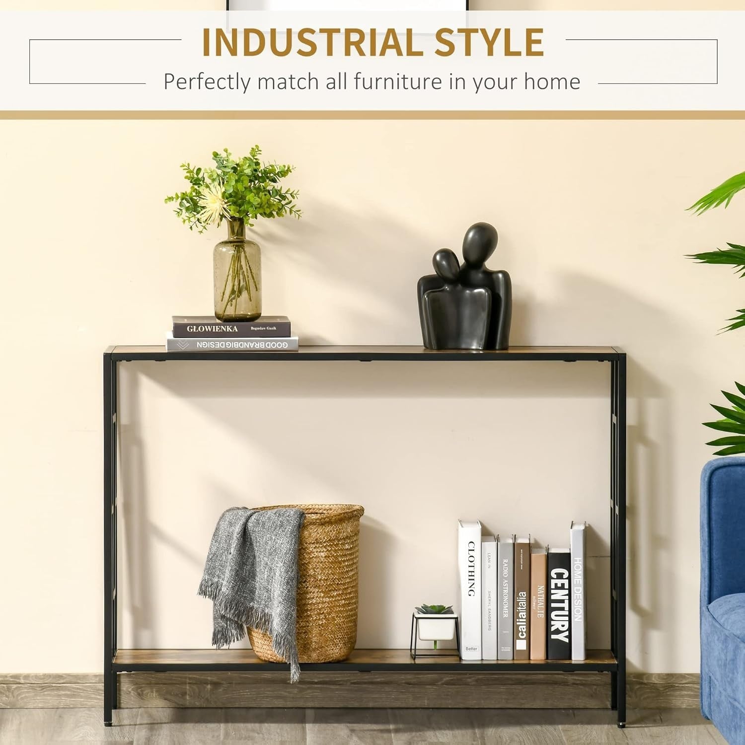 Industrial Console Table with Shelf Metal Frame | Slim Desk for Hallway