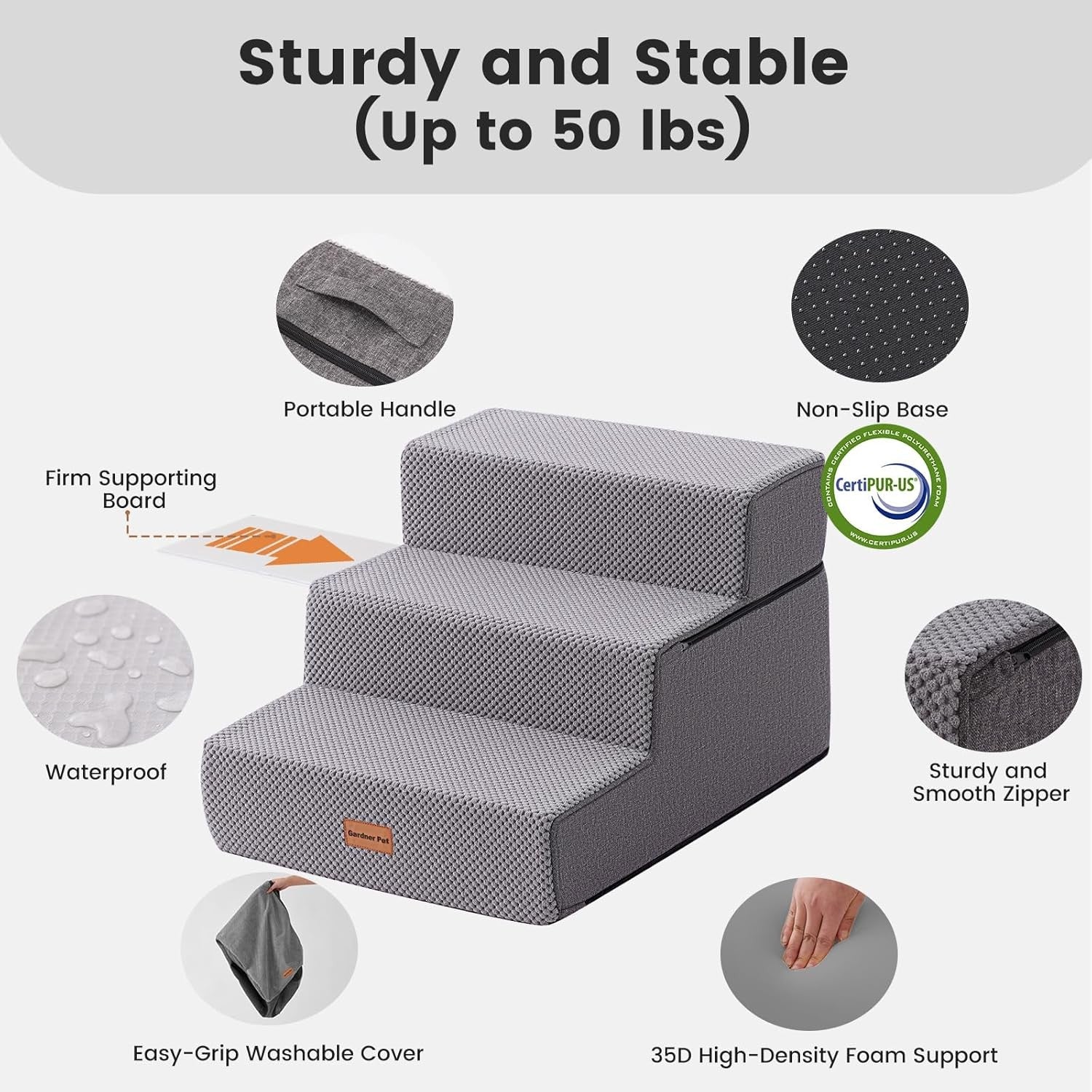 3 Step Dog Stairs Foam Ramp Non-Slip Grey 35x50x35cm