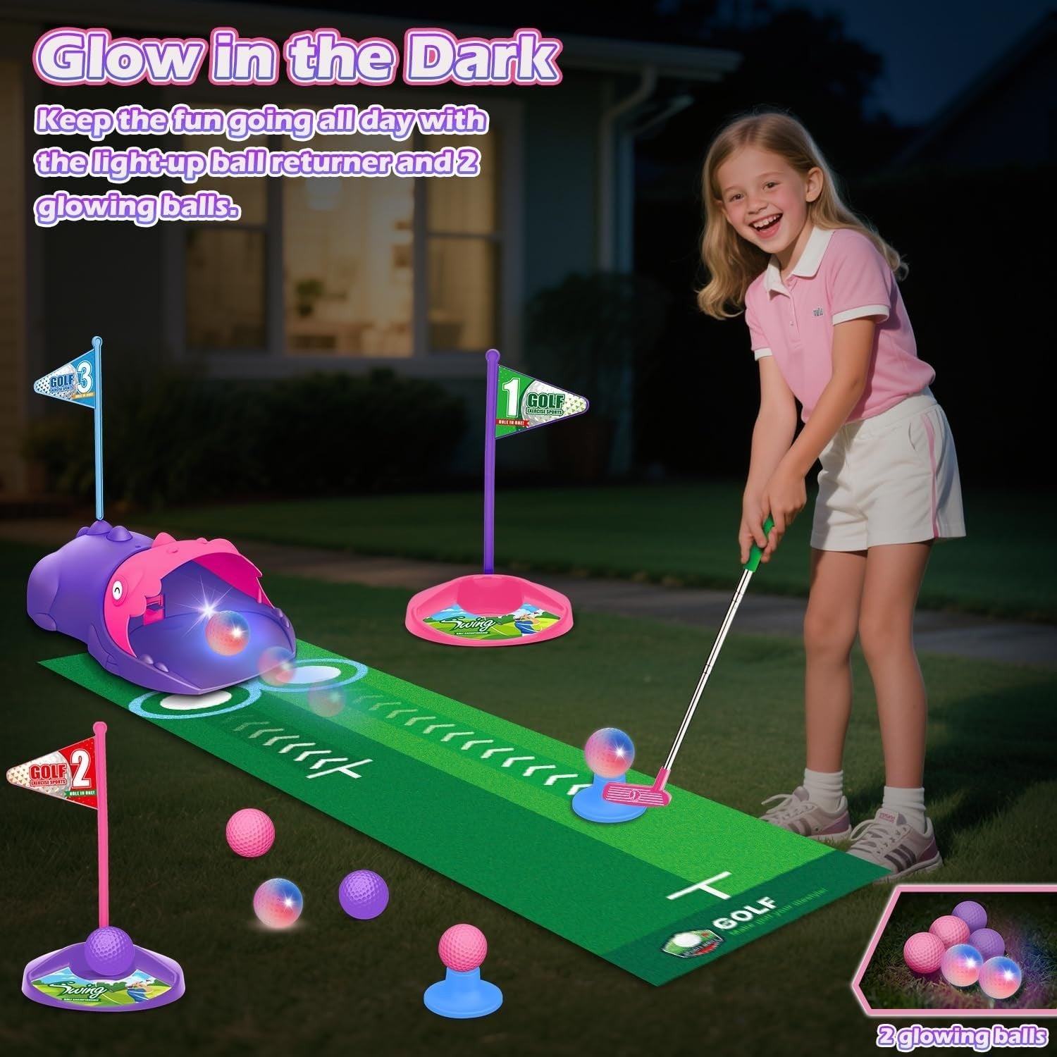 Kids Golf Set Dinosaur Auto Ball Return LED Balls Putting Mat Pink 26”
