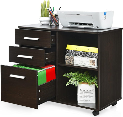 3 Drawer Mobile Filing Cabinet with Shelves Under Desk Office Storage Coffee