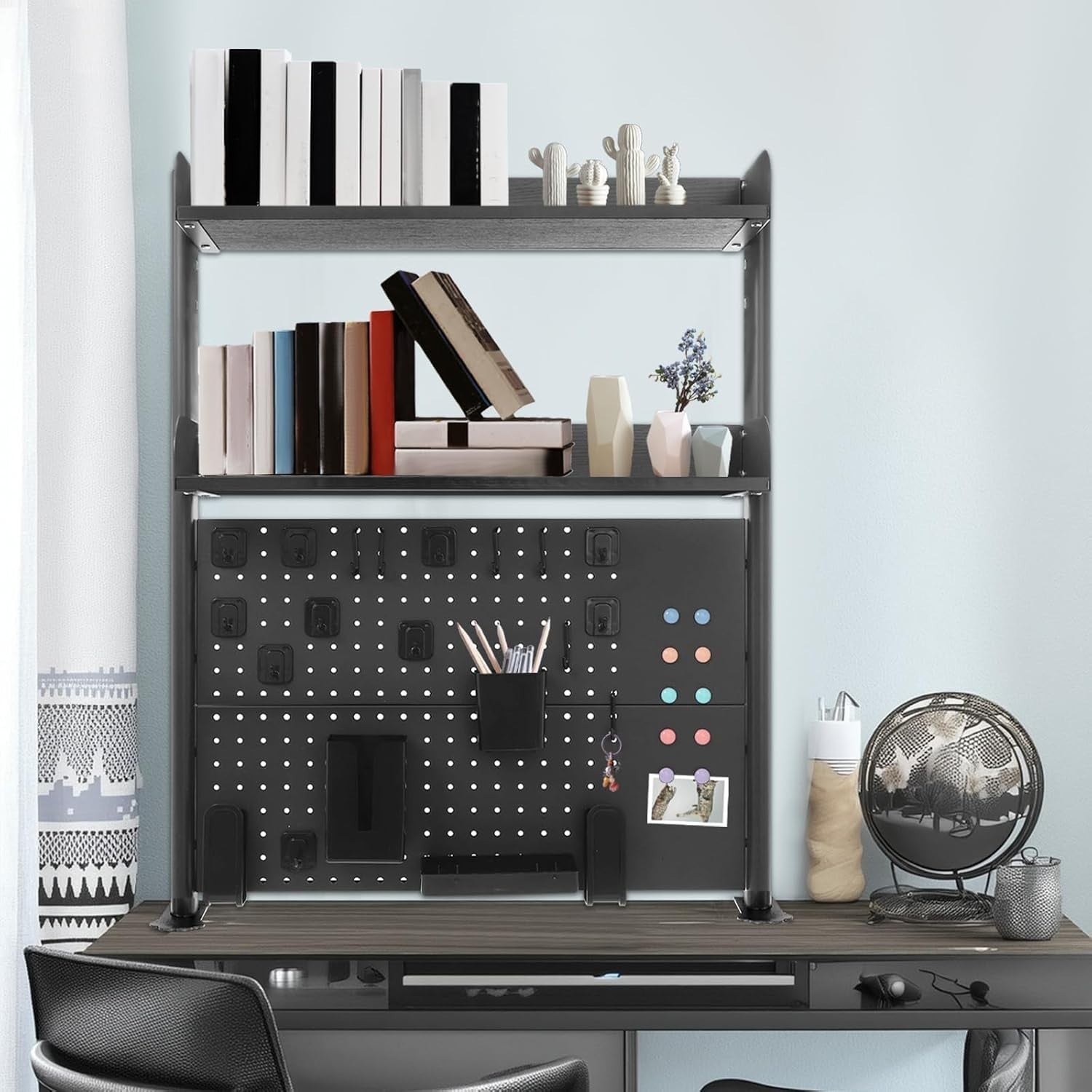 Clamp-On Desk Pegboard 80cm 2-Tier Desktop Organizer Shelf Privacy Panel Black
