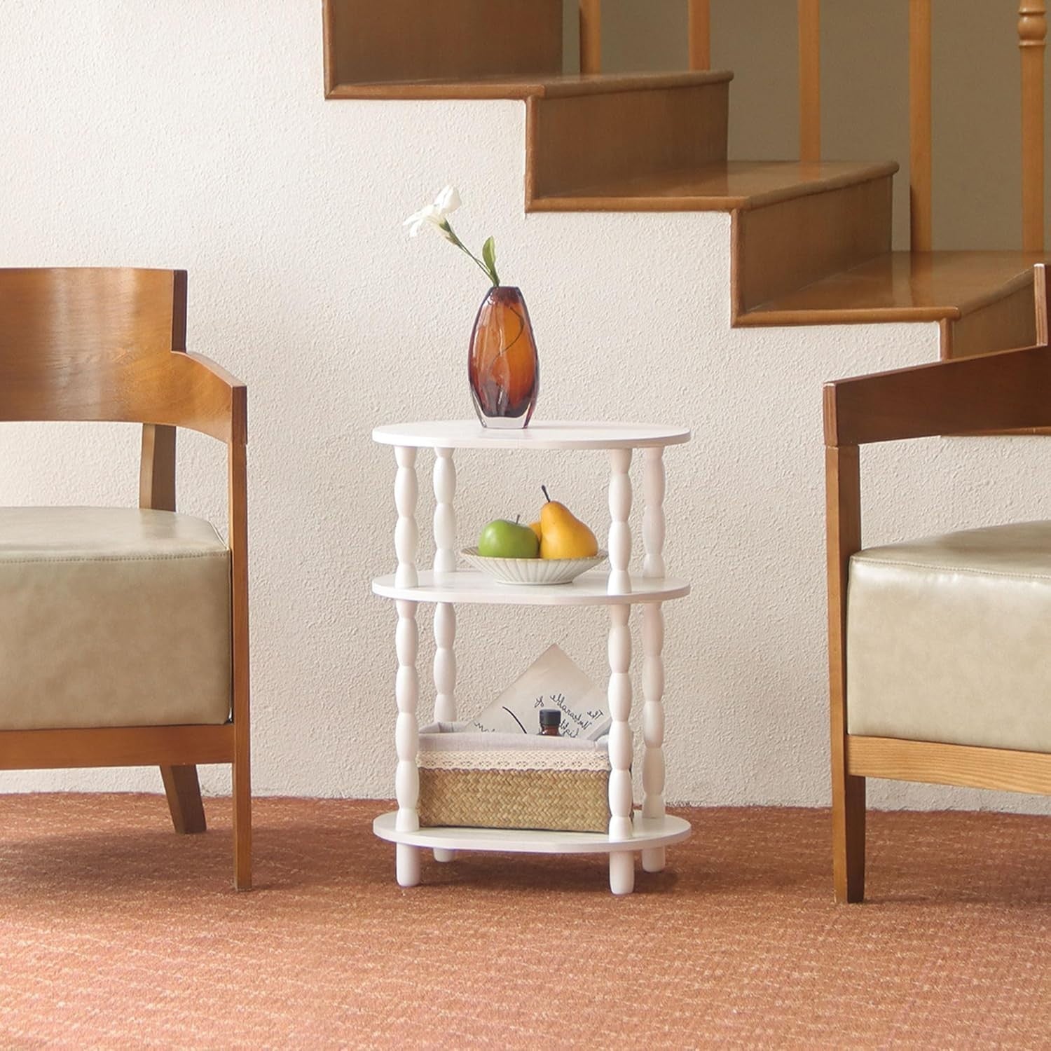 3-Tier Oval Side Table White, Compact Modern End Table with Storage Shelves