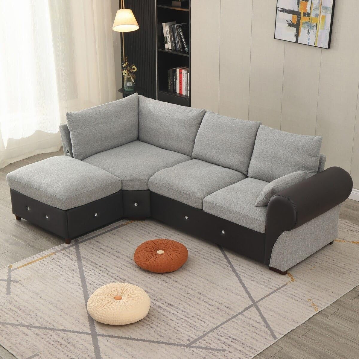 4 Seater L-Shaped Corner Sofa with USB Port Chaise – Linen Fabric, Modern
