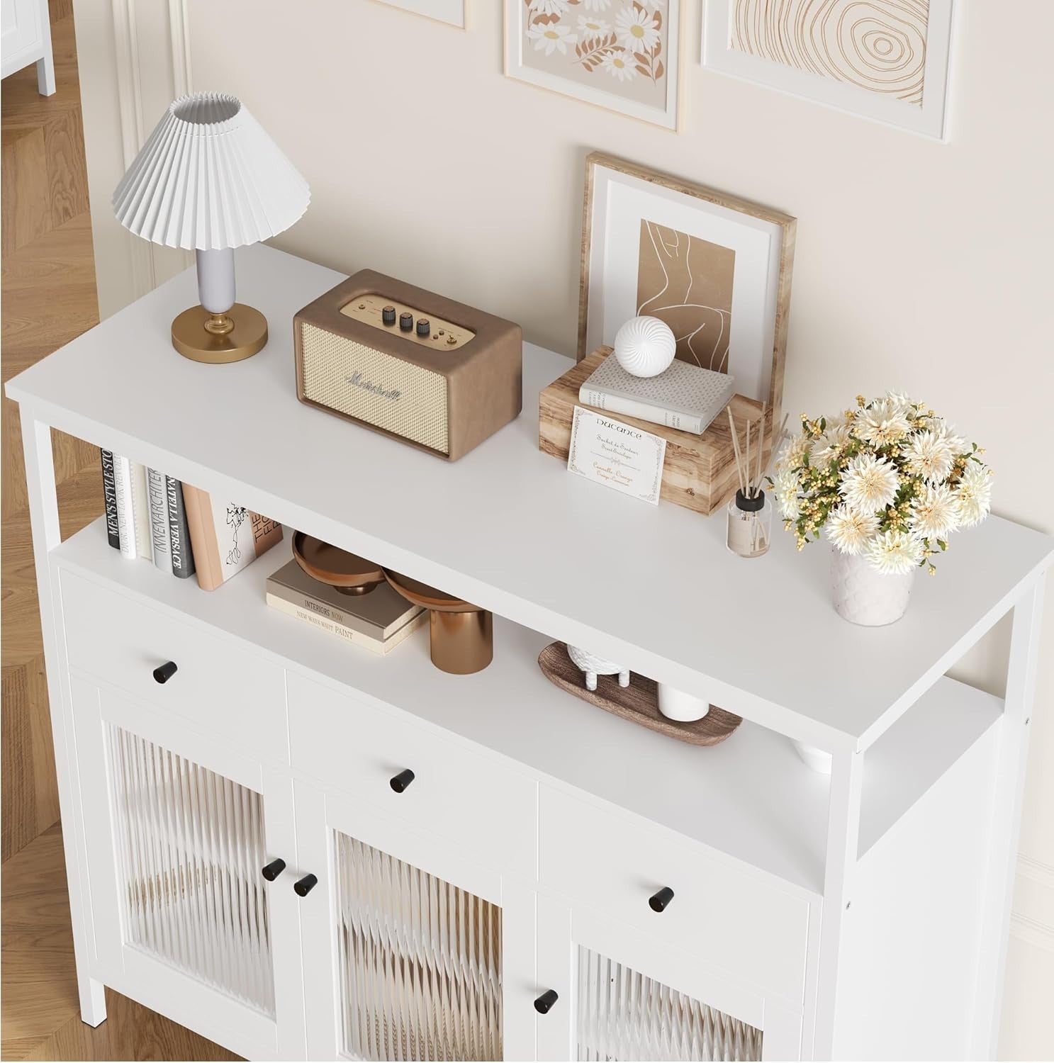 Modern White Sideboard Cabinet with Glass Doors 3 Drawers Adjustable Shelves