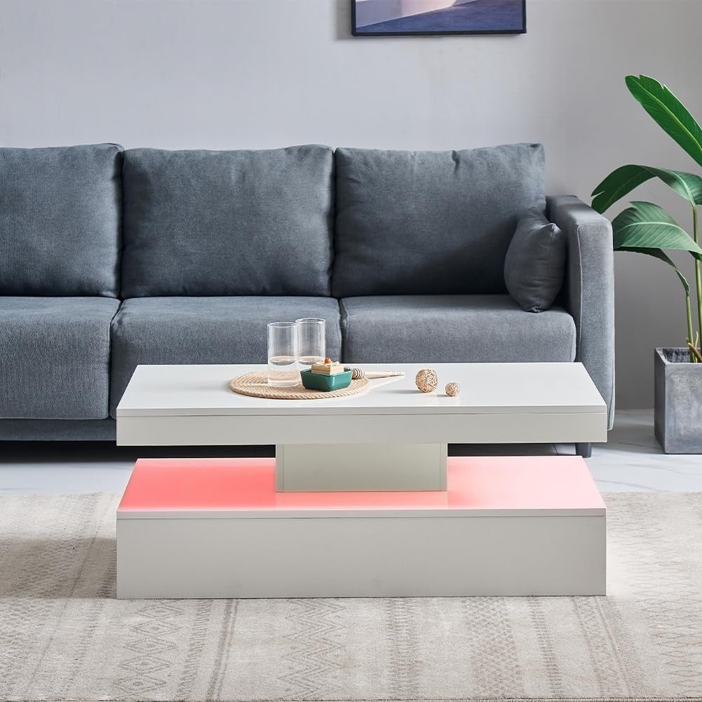 White High Gloss Coffee Table with 16-Color LED Lights – Modern Living Room