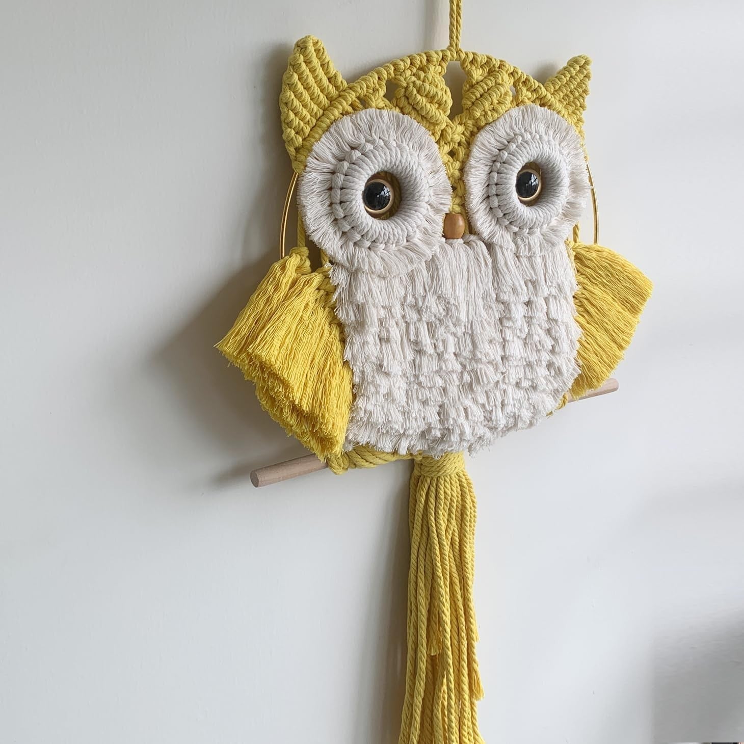 Yellow Macrame Owl Wall Hanging Boho Fiber Art Home Decor