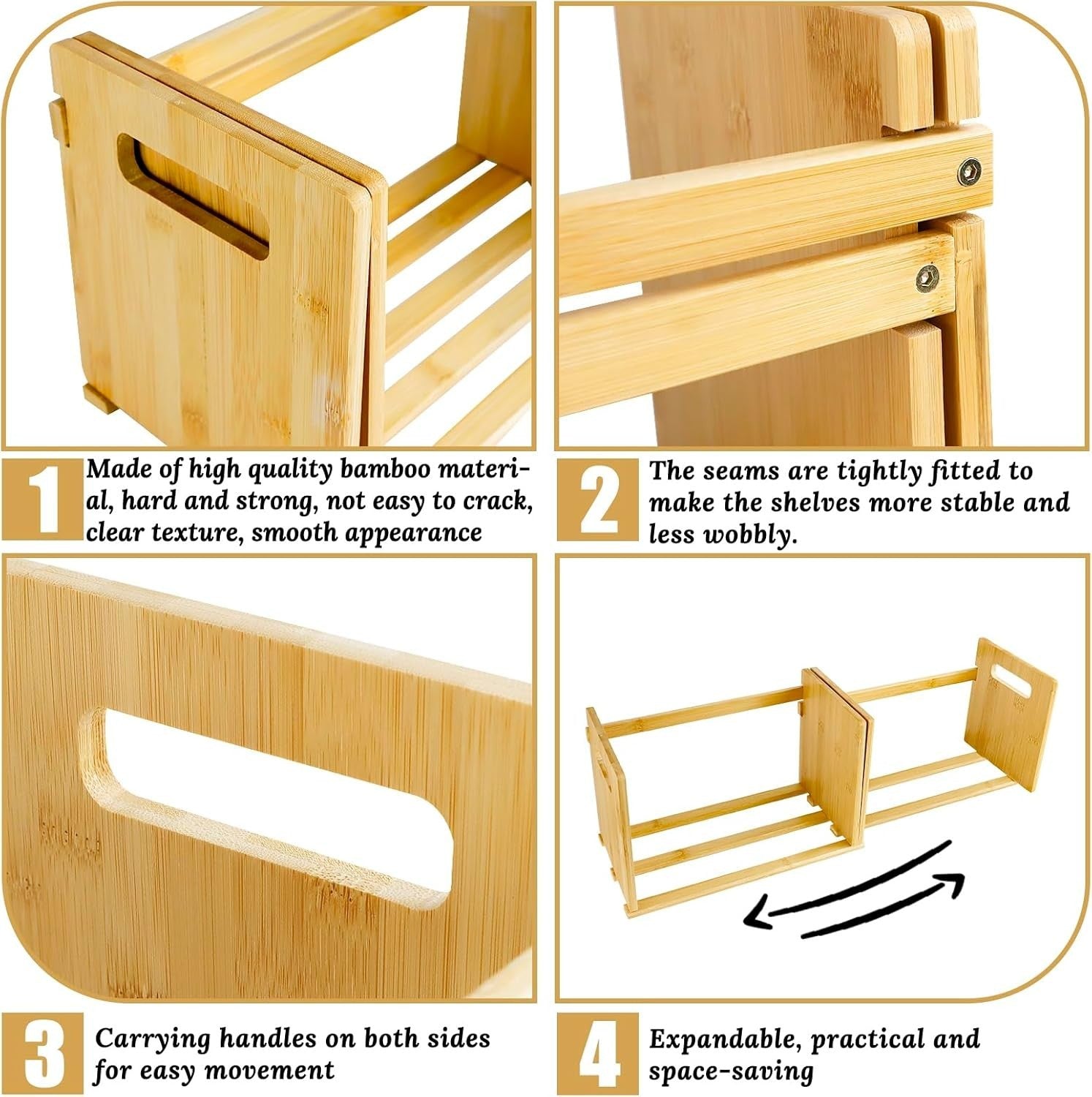 Expandable Bamboo Desktop Bookshelf Adjustable Book Organizer with Carry Handles