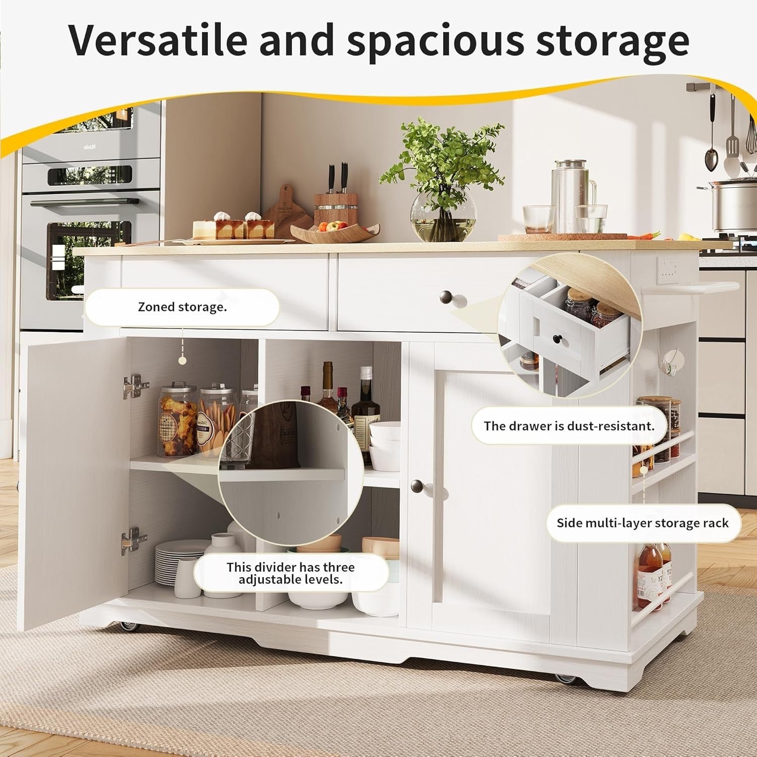 Kitchen Island Trolley with Foldable Side & Drawers White 151.5x84.7x91.7cm