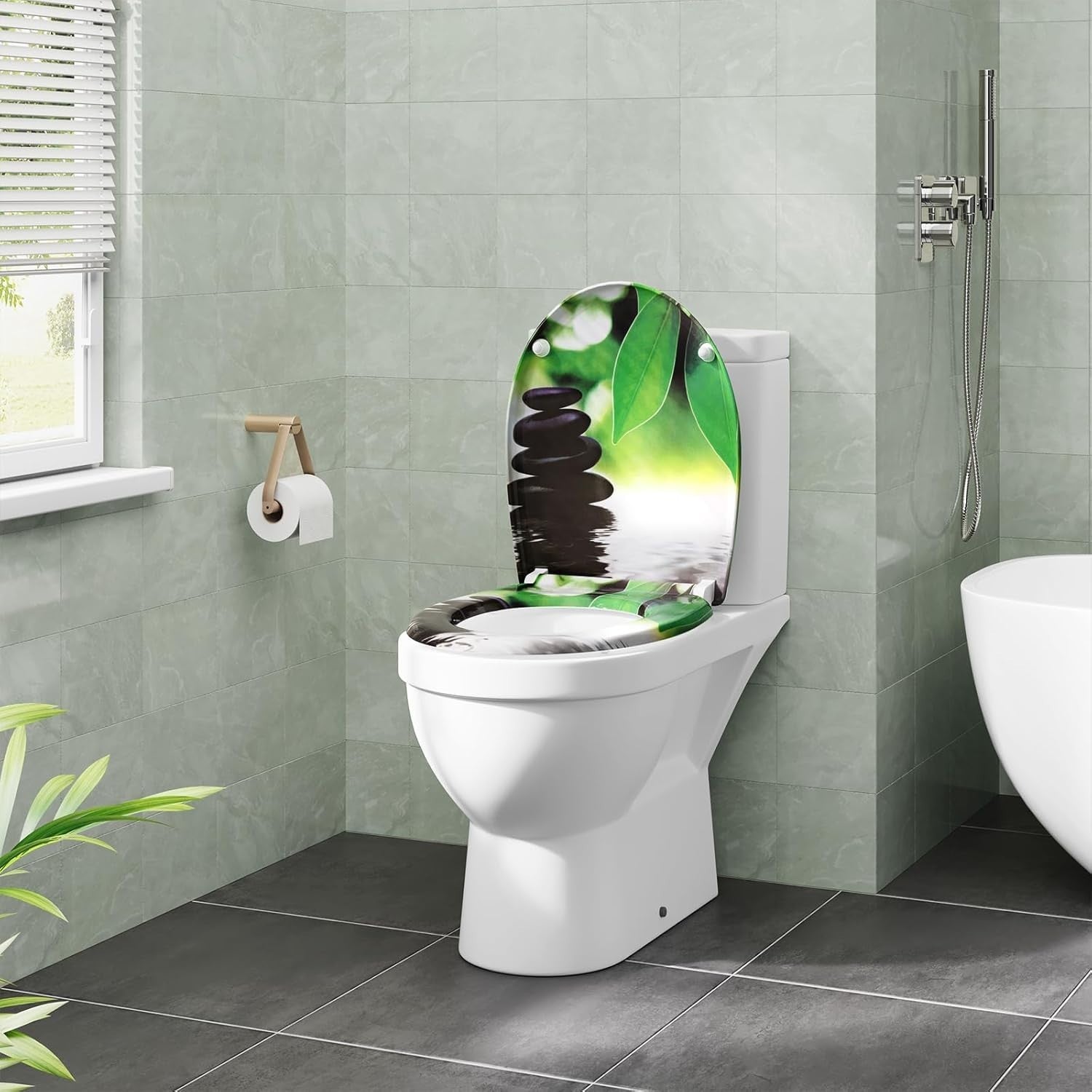 Soft Close O-Shaped Toilet Seat Quick Release Duroplast Green Leaves Print