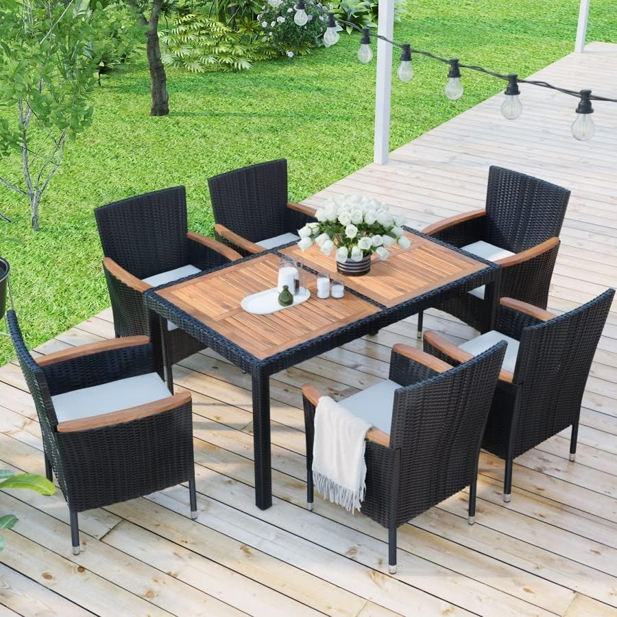 7 Piece Patio Rattan Dining Set Outdoor Garden Table & Stackable Chairs