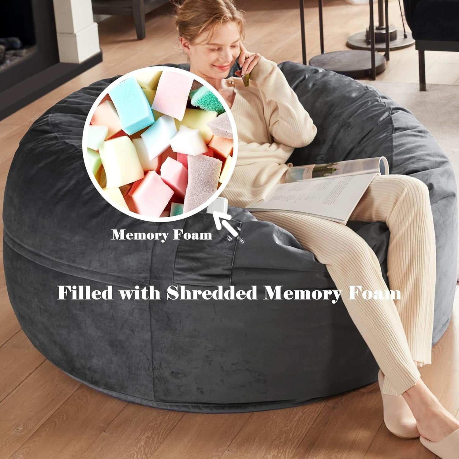 Black Large 4FT Memory Foam Bean Bag Chair with Removable Cover for  Relax