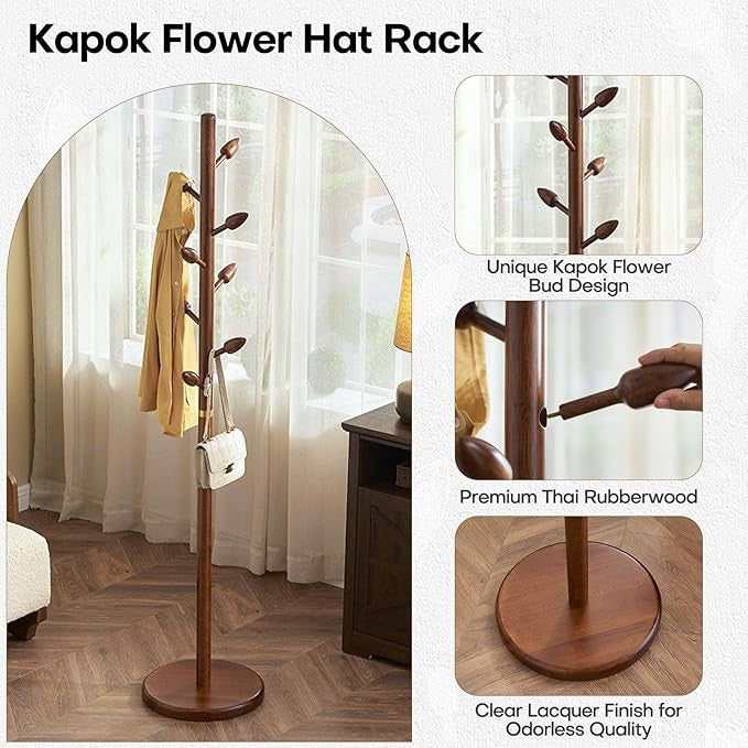 Solid Wood Coat Rack 184cm Freestanding Tree Stand with 8 Hooks Round Base