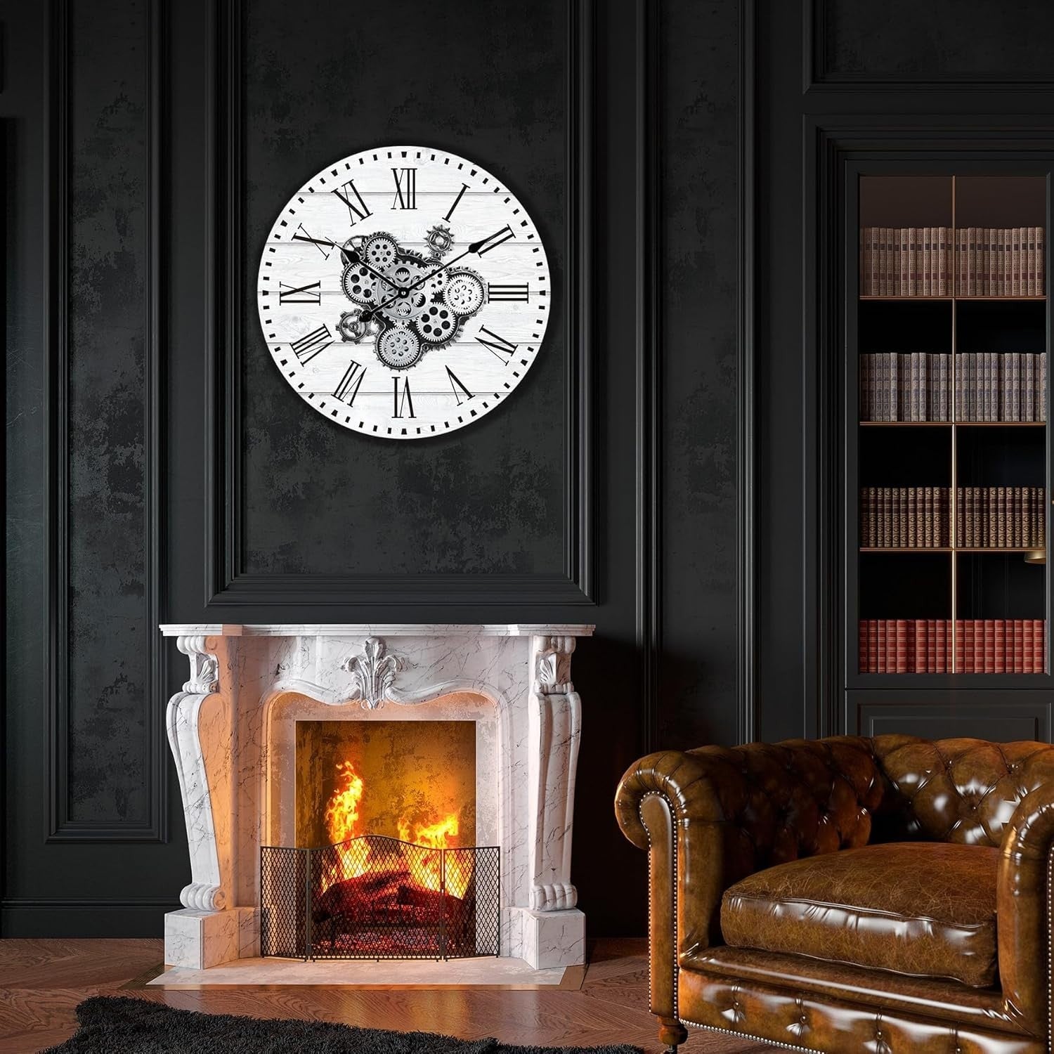 23" White Wall Clock Real Gears Rustic Farmhouse Roman Numeral Vintage