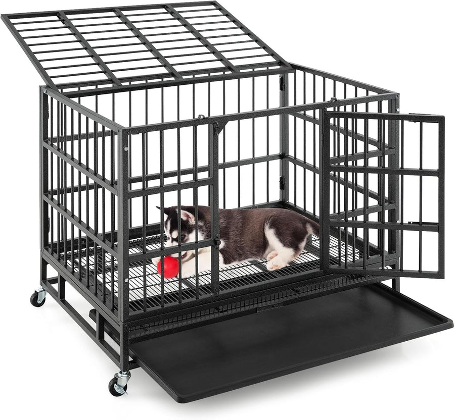 Heavy-Duty Foldable Dog Crate with Lockable Doors & Wheels for Large Dogs