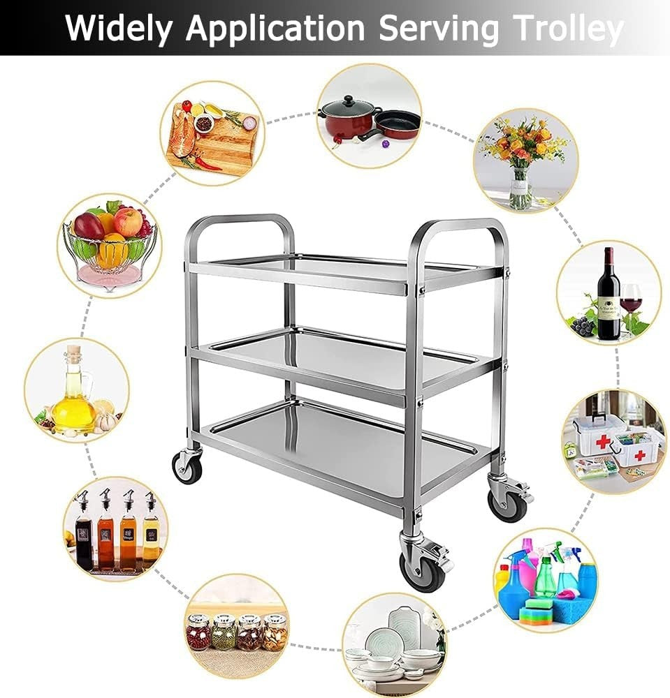Stainless Steel 3 Tier Catering Trolley Cart w/ Locking Wheels