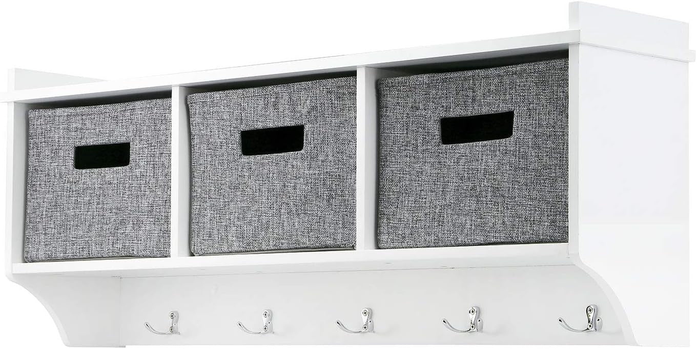 White Wall Mounted Coat Rack with 3 Baskets | 5 Hooks Hallway Organizer
