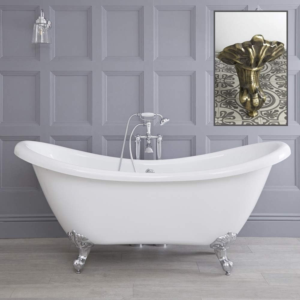 White Double Ended Freestanding Slipper Bath 1750x730mm Gold Claw Feet