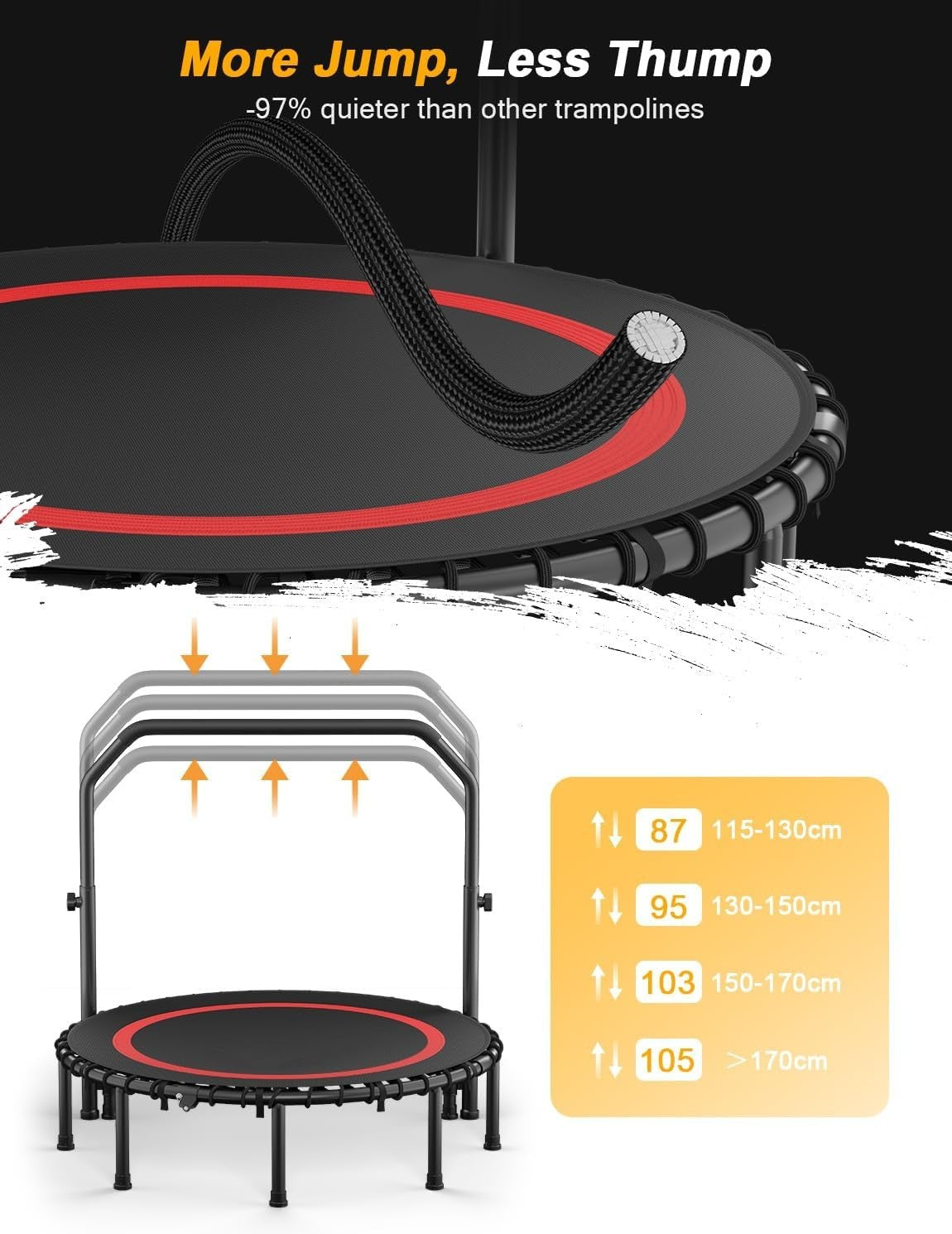 48” Foldable Fitness Trampoline Indoor Rebounder w Adjustable Handle 200KG