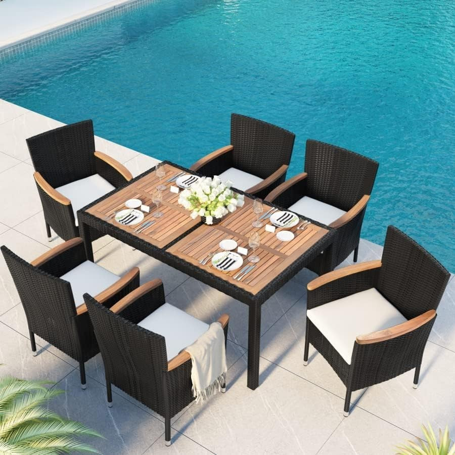 7 Piece Patio Rattan Dining Set Outdoor Garden Table & Stackable Chairs