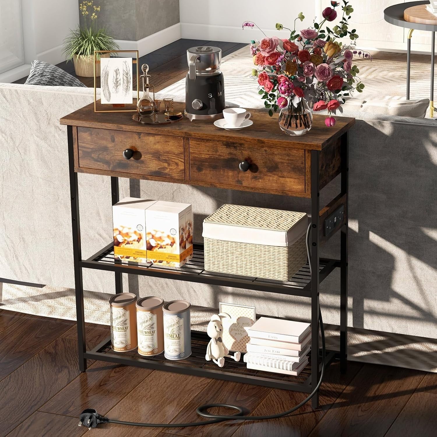 Rustic Console Table with Charging Station, Drawers & Metal Storage Shelves