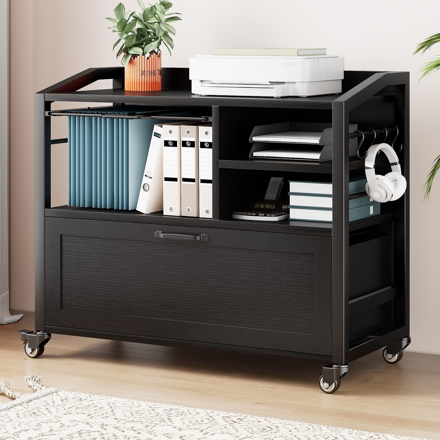Black Oak Rolling Lateral File Cabinet Printer Stand Legal Letter