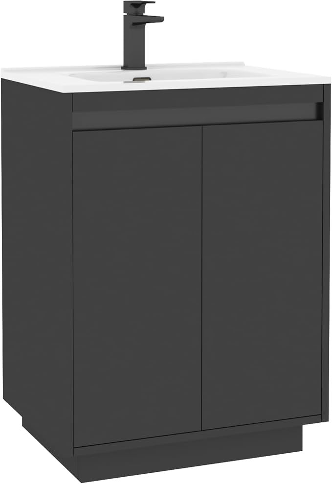 600mm Jet Black Floor Standing Vanity Unit with Basin Sink 2 Door Cabinet