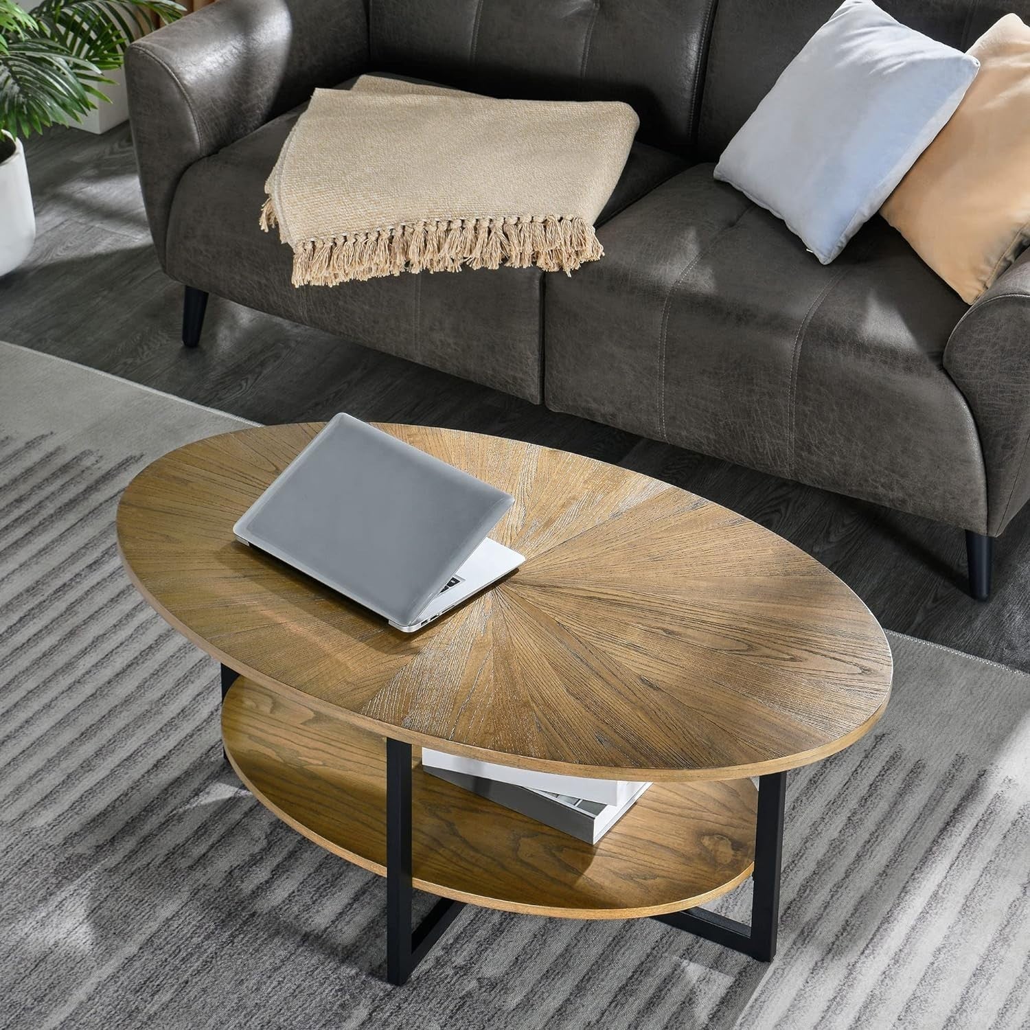 Rustic Brown Oval Coffee Table with Cross Metal Legs & 2-Tier Shelf 110cm