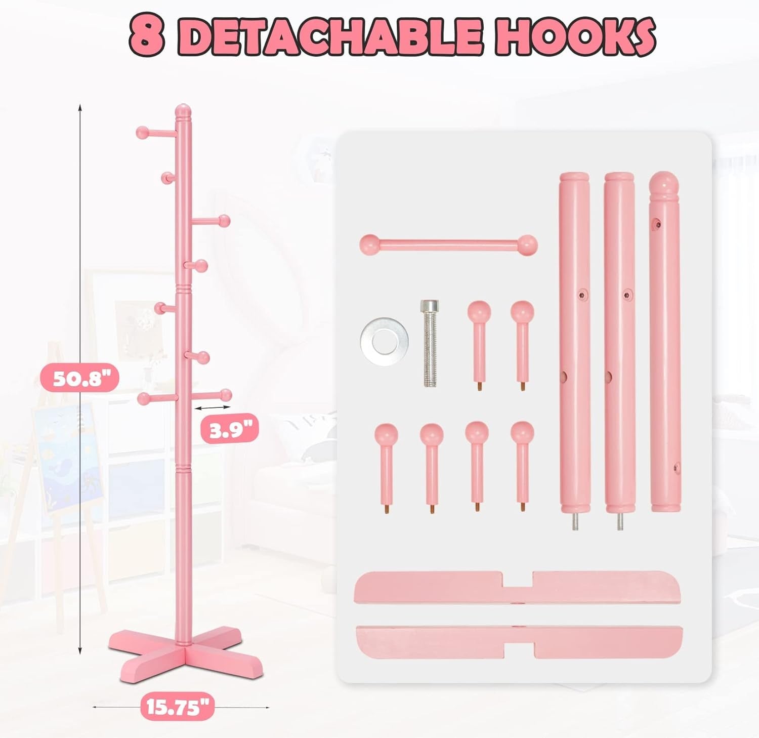 Kids Freestanding Pink Coat Rack | 8 Hooks Adjustable Wooden Tree Stand