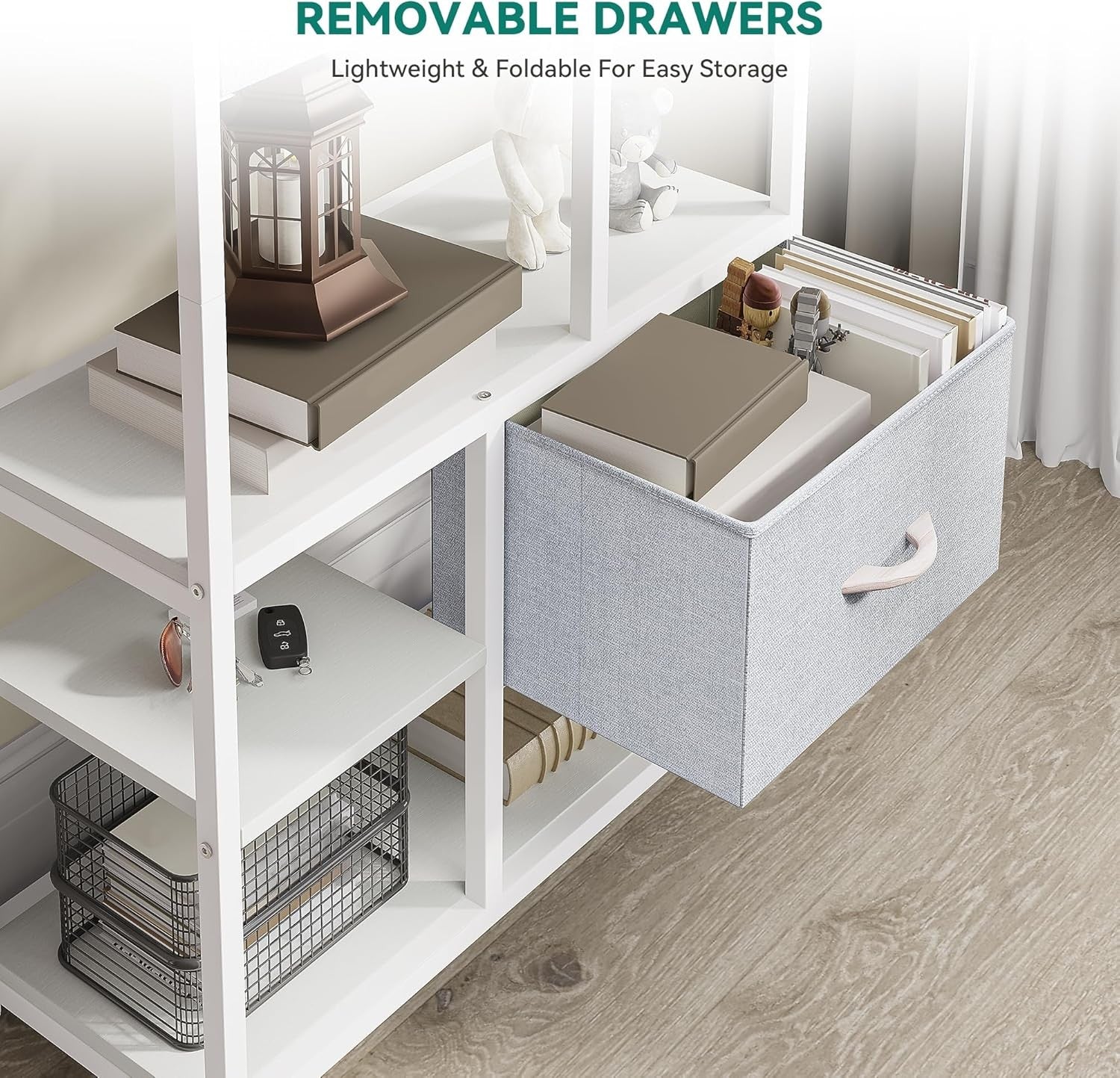 White 7-Tier Industrial Bookshelf with Drawers, Tall Storage Display Unit