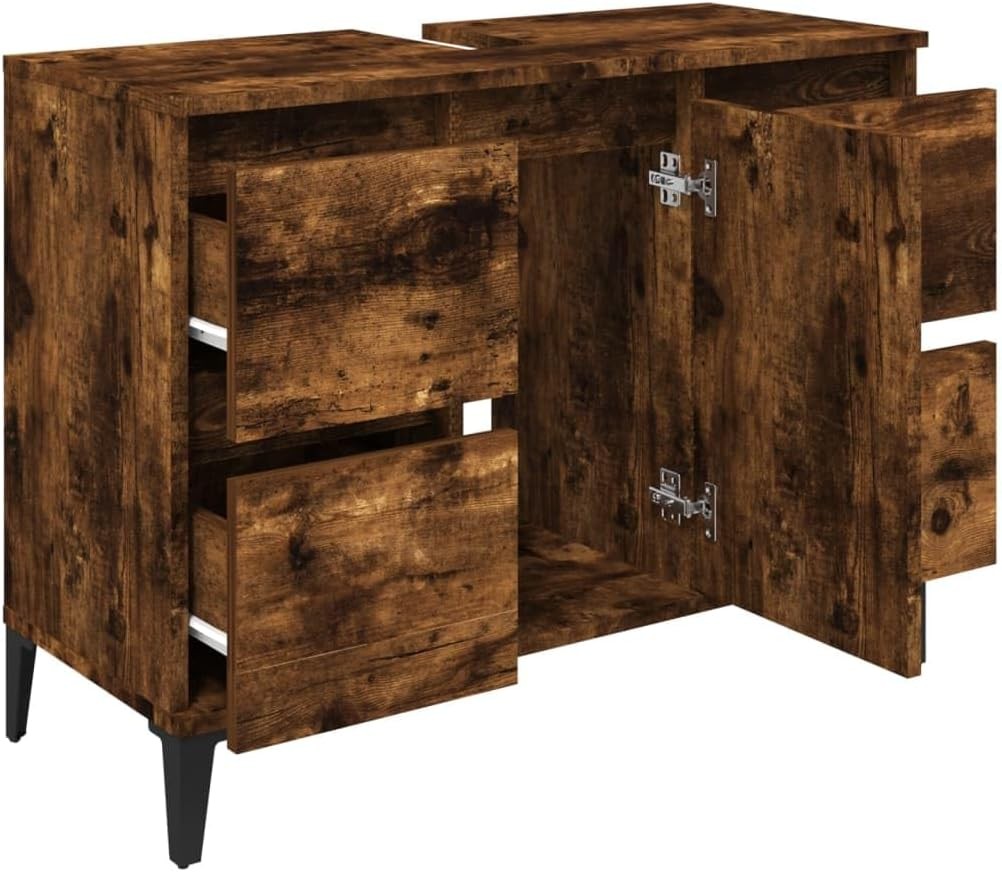 Smoked Oak Bathroom Sink Cabinet Vanity Unit with Drawers Cupboard Storage