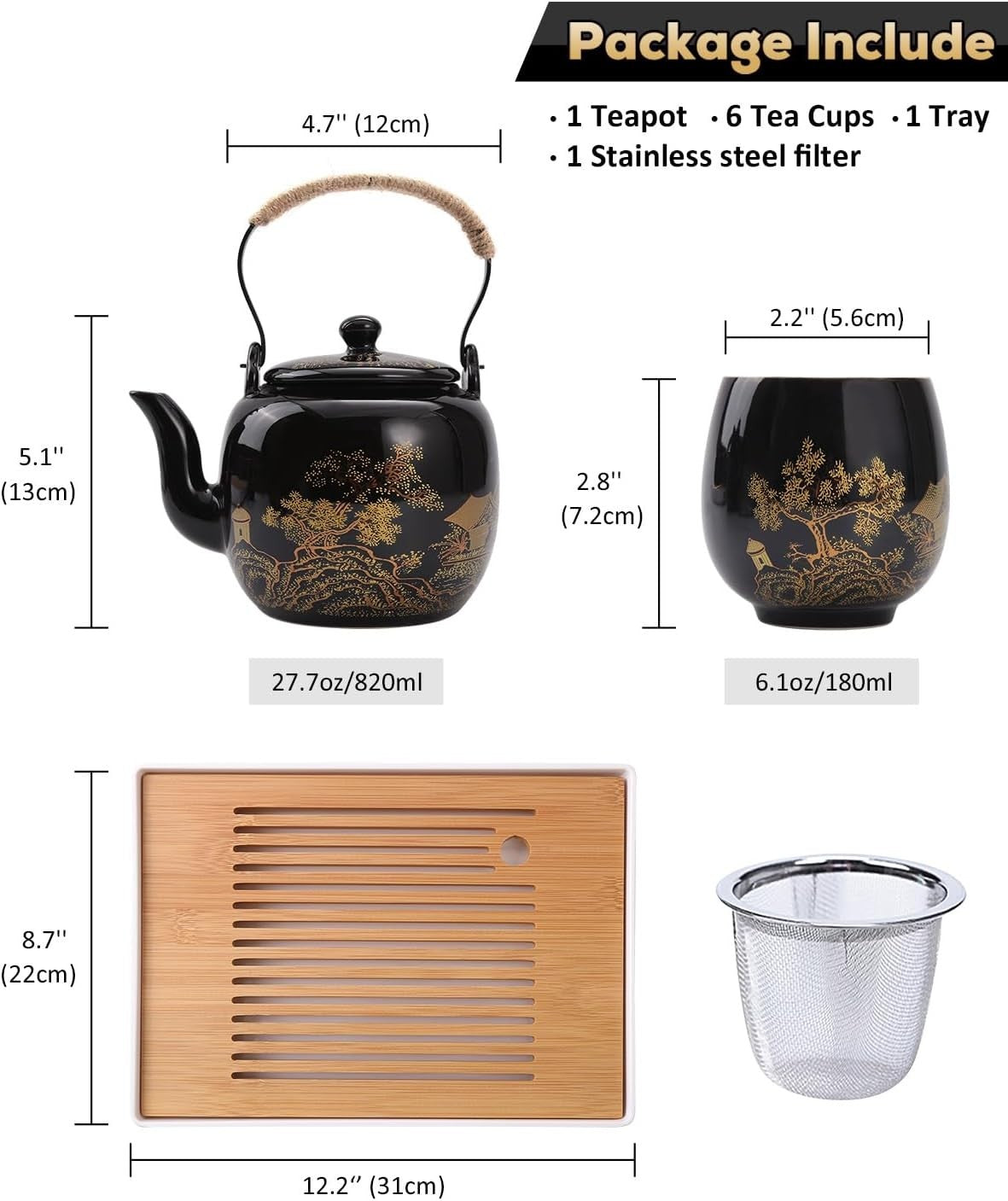Japanese Porcelain Tea Set Black Teapot 6 Cups Tray Infuser Gold