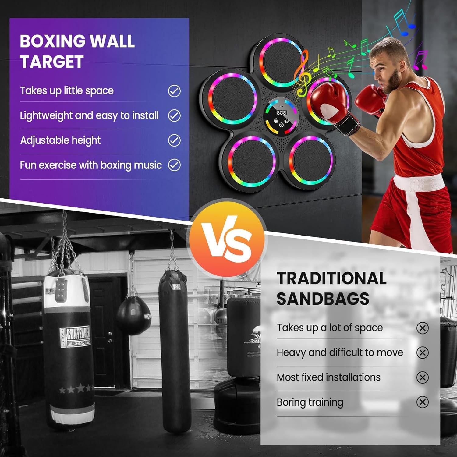 Music Boxing Machine LED Punch Trainer Bluetooth Wall Mounted Gloves Set