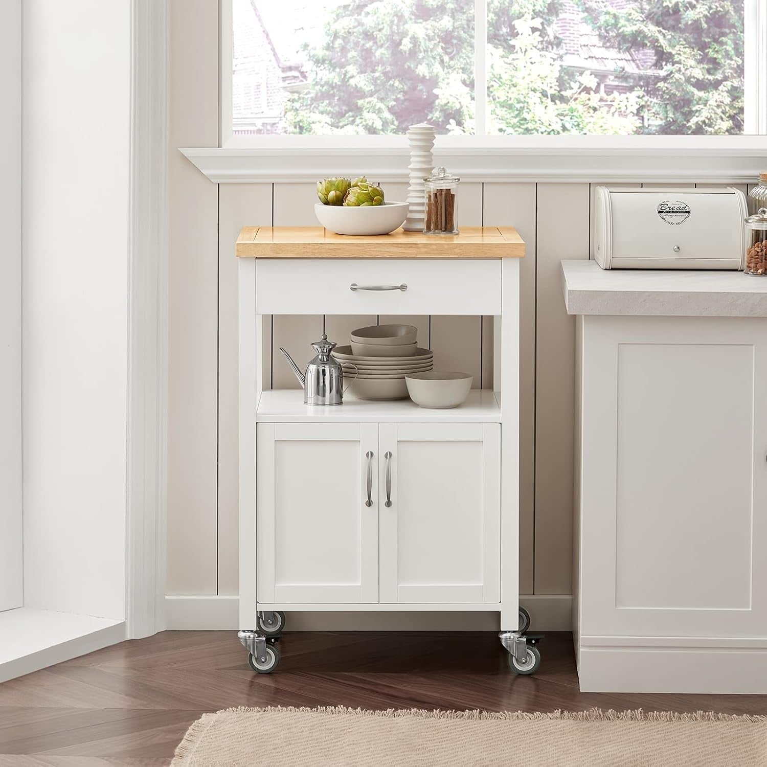 Kitchen Trolley Cart with Rubber Wood Top Storage Cabinet