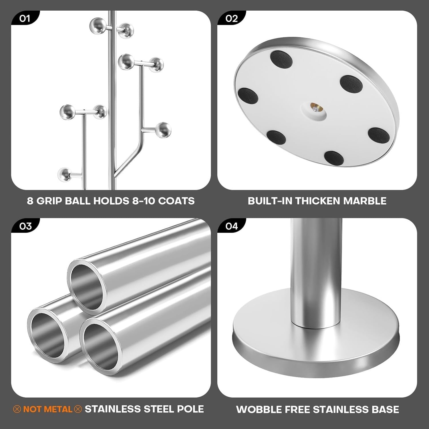 Luxury Stainless Steel Coat Rack 180cm Marble Base Modern Freestanding Stand