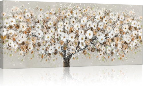 Large White Floral Blossom Canvas Wall Art 120x50cm Modern Living Room Decor