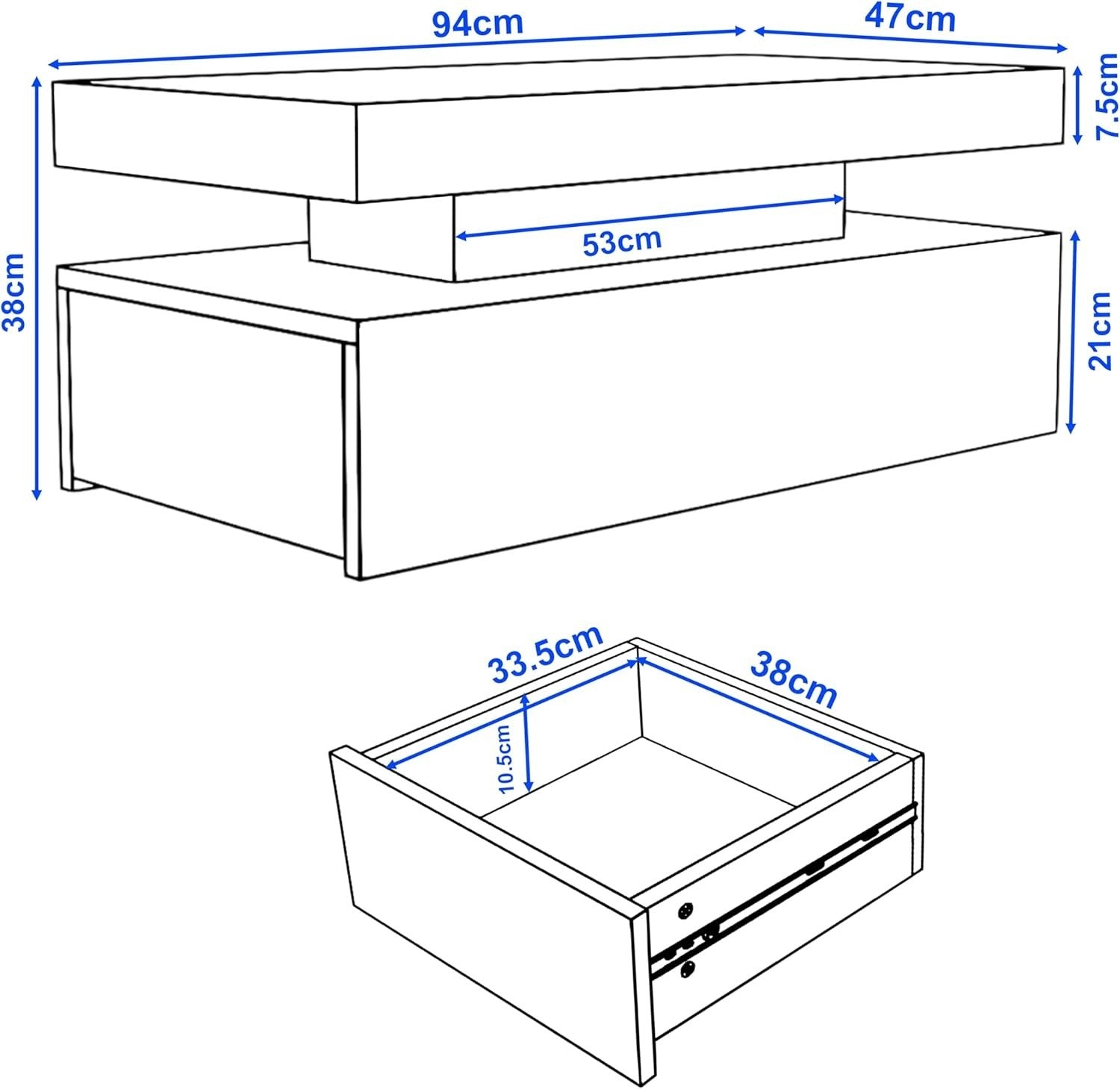 High Gloss Rectangle Coffee Table with 2 Drawers & RGB LED Lights 94x47x38cm