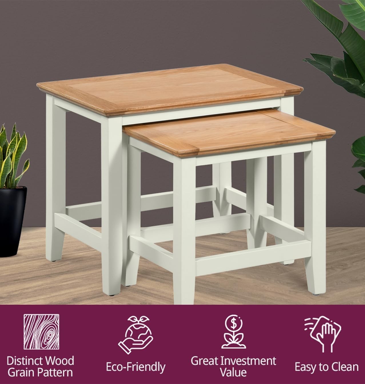 2 Nesting Coffee Tables Set Oak Top White Living Room End Side Table Modern