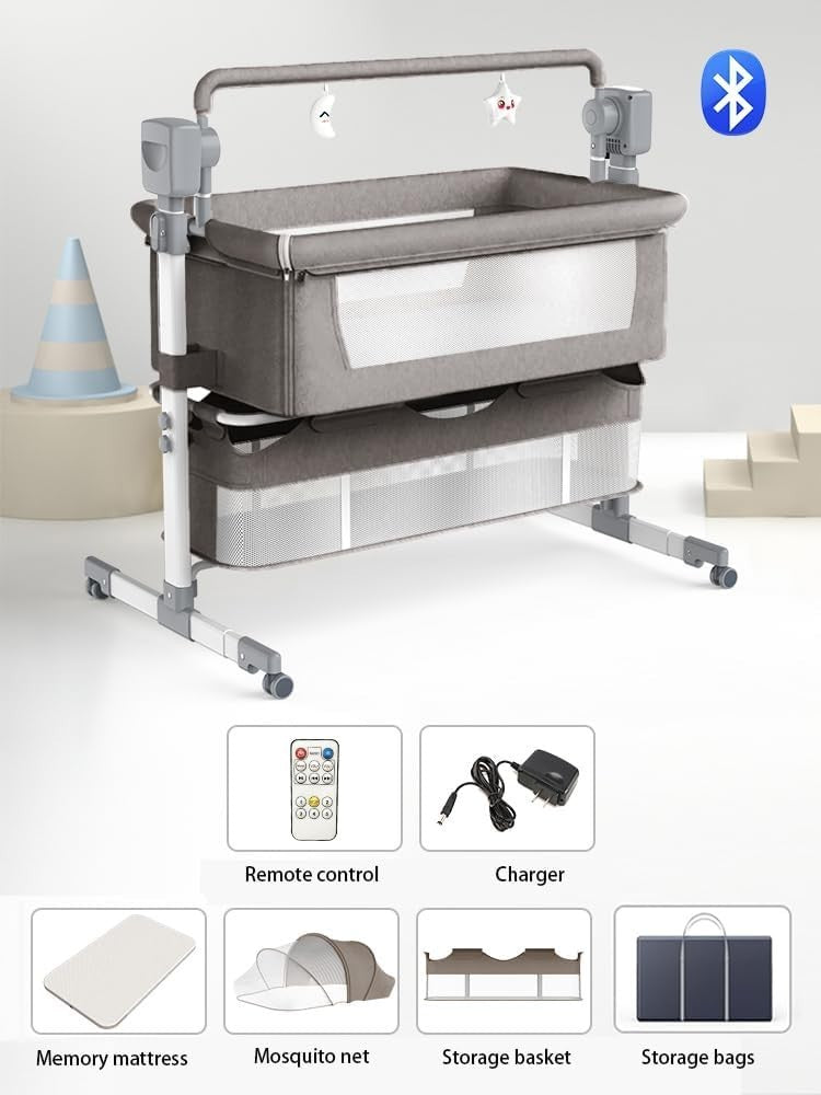 Smart Baby Bedside Crib with Music, Remote, Adjustable Height & Swing Light Grey
