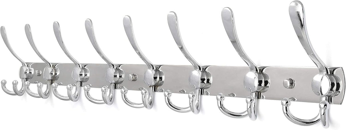 75cm Wall Mounted Coat Rack with 8 Hooks | Chrome Hook Rail Hanger Silver