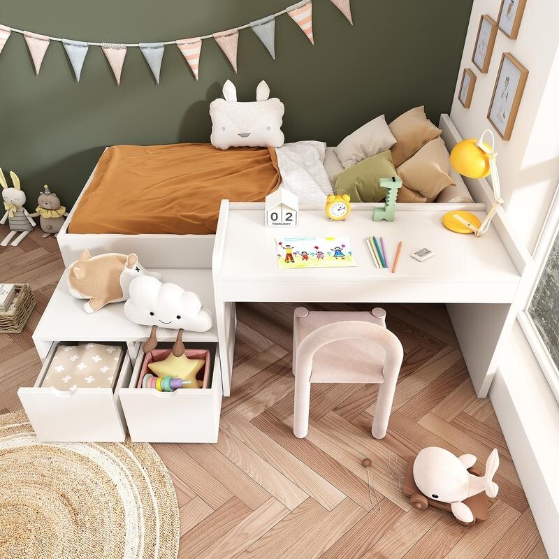 Kids Bed with Desk Storage Drawers 3FT Single White Bed Frame 90x190cm