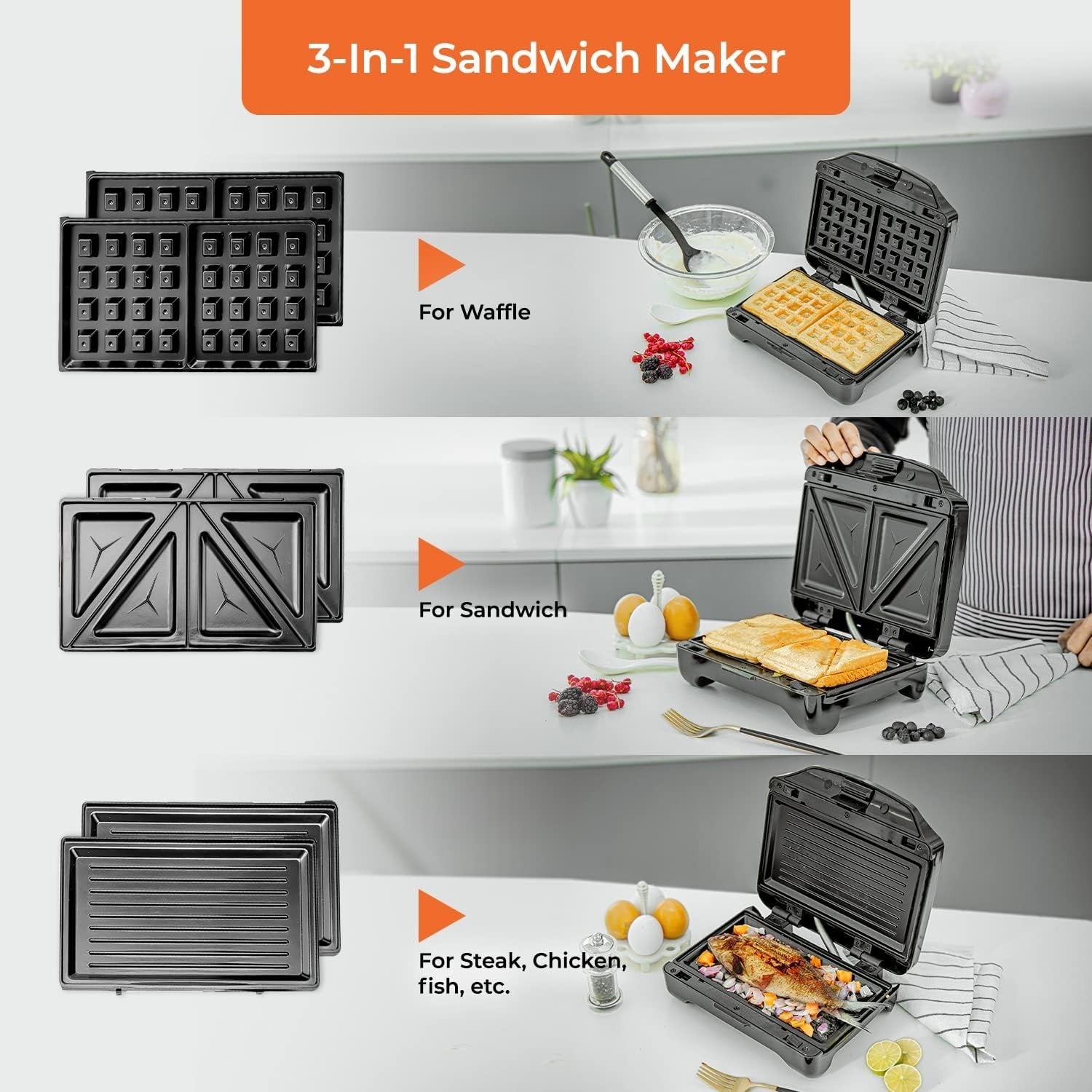 3-in-1 Sandwich Maker Waffle Panini Toastie Non-Stick Auto Temp 750W