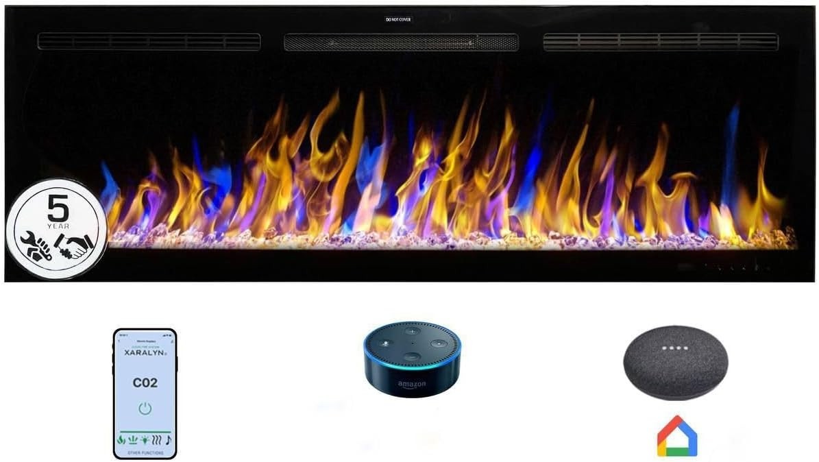 152cm Electric Wall-Mount Fireplace with Thermostat, 3 Flame Colors, Alexa