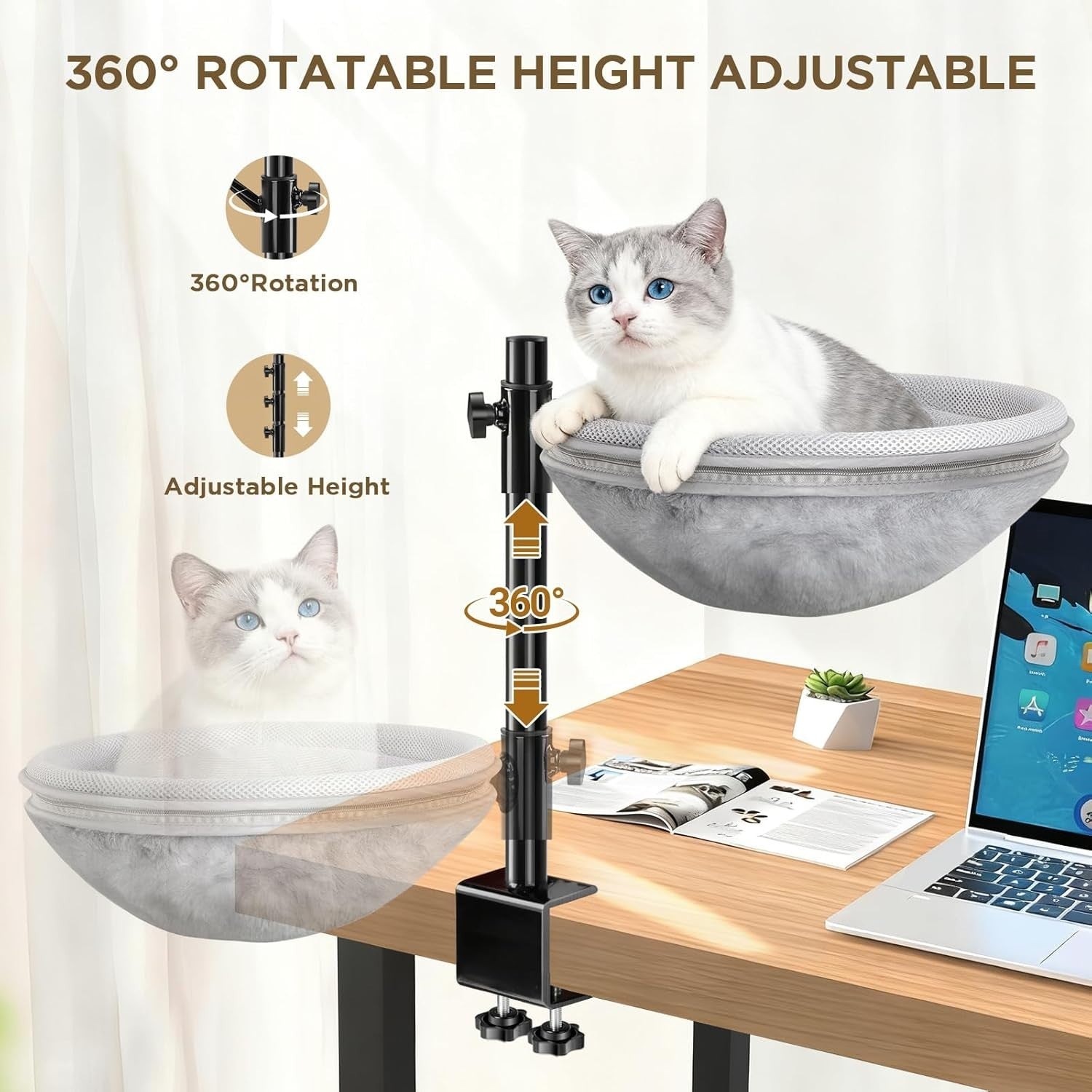 Cat Desk Hammock 360° Rotating Adjustable Cat Bed Washable Perch
