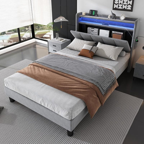 Single Bed 3FT Grey Velvet USB Charging LED Light Storage Bed for Teen Kids