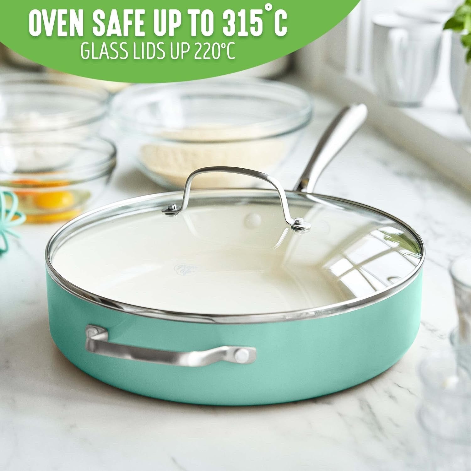 30cm Turquoise Ceramic Saute Pan Non Stick 4.8L With Lid Induction PFAS Free