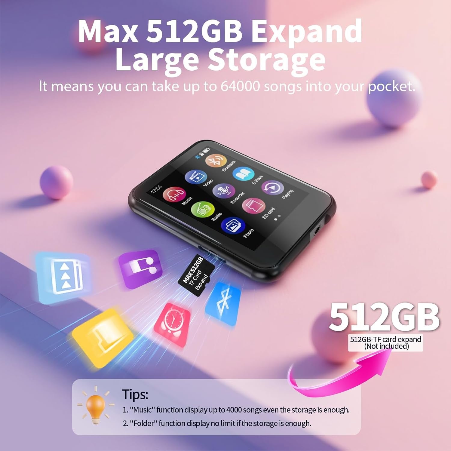 64GB Bluetooth 5.3 MP3 Player 2.4" Touchscreen FM Radio