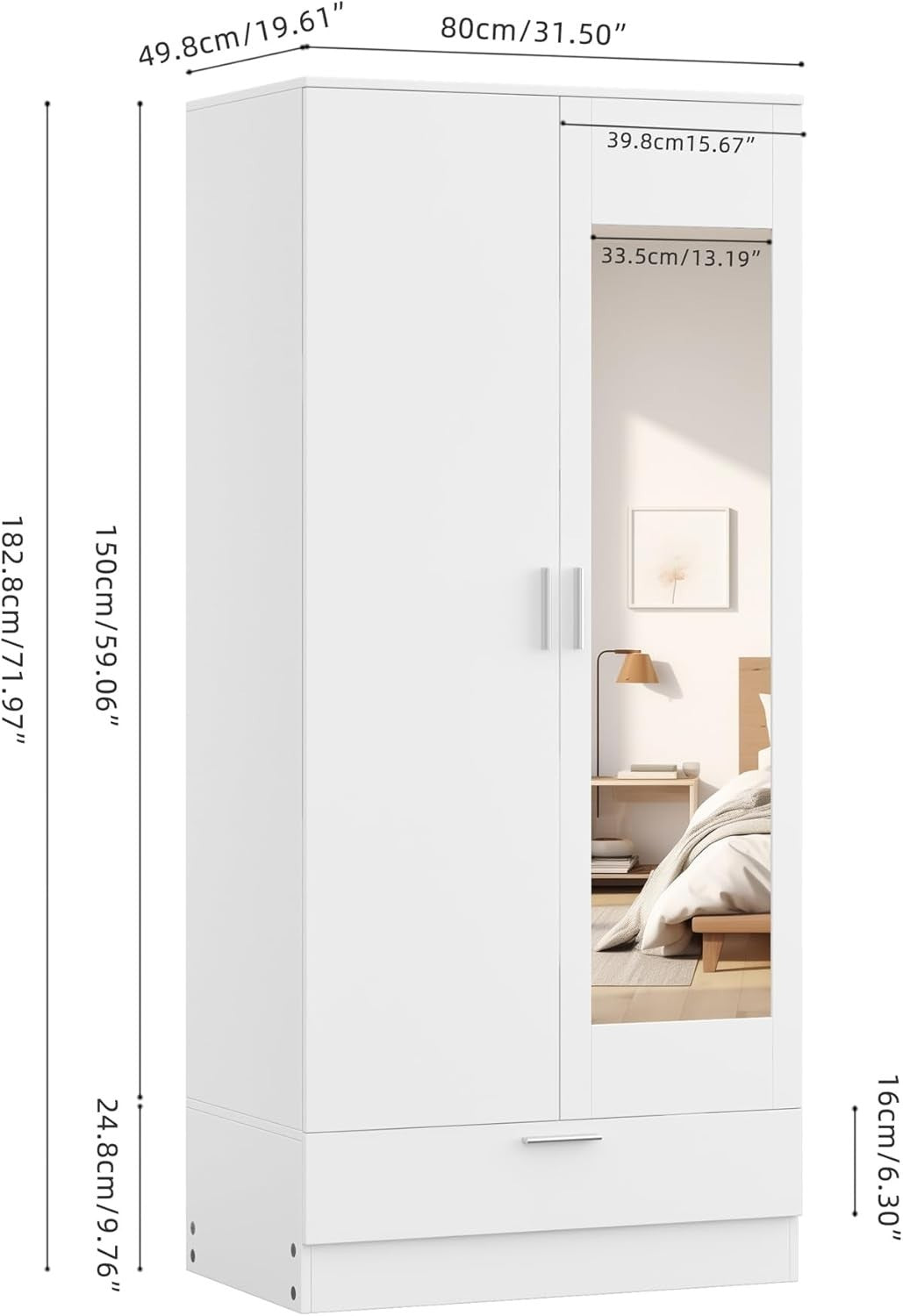 White Mirrored 2-Door Wardrobe with Drawer | Compact Bedroom Storage
