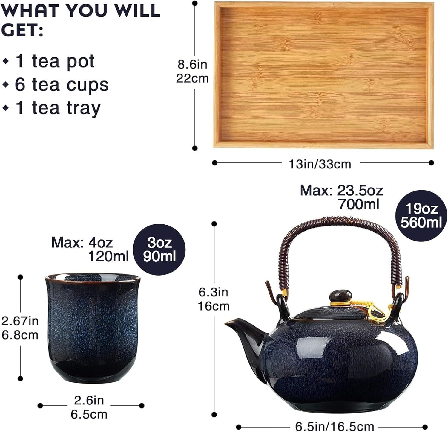 Japanese Tea Set Porcelain Teapot 6 Cups Bamboo Tray Dark Blue