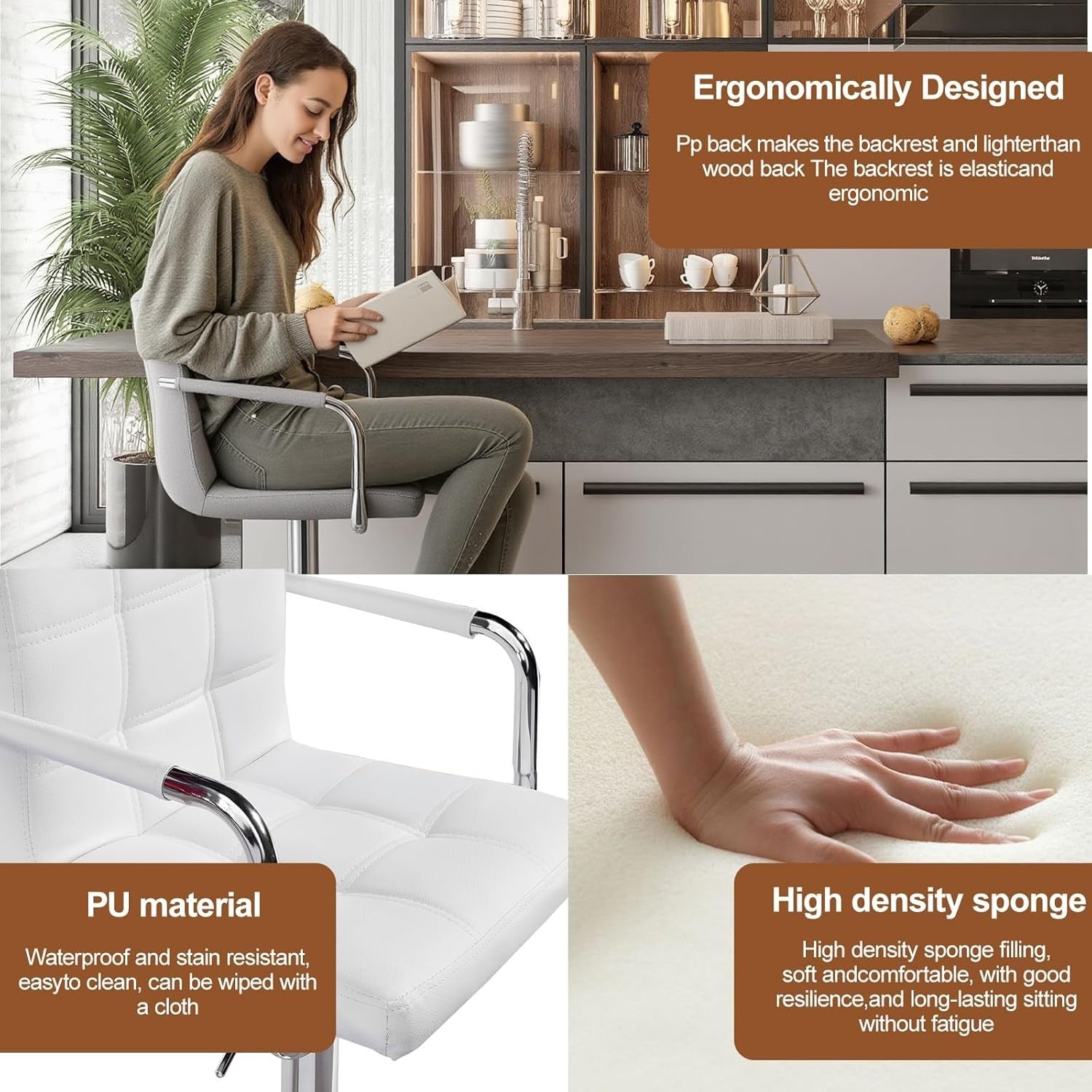 White PU Leather Bar Stool Adjustable Height 360° Swivel with Armrest