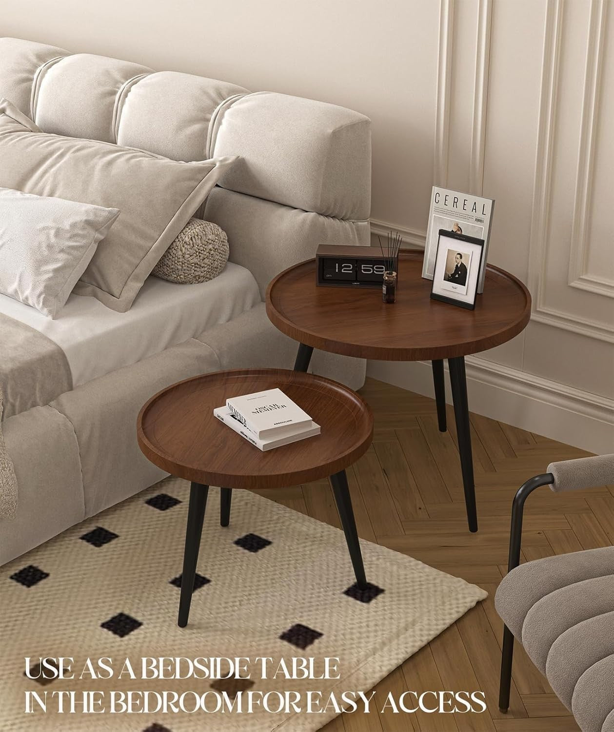 Walnut Nesting Coffee Table Set of 2 Modern Round Side End Tables 178lbs Load